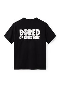 T-shirt en coton noir à manches courtes avec le texte "Bored of Directors" et un graphique de singe en cartoon blanc au dos.