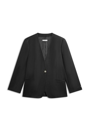 Sort enkelt-knap blazer med lange ærmer, slanke krave uden hak og to forlommer med slidser, vist fladt mod en hvid baggrund.