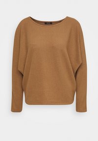 Brązowy, prążkowany top z długim rękawem, z okrągłym dekoltem i luźnym krojem. Tkanina wydaje się teksturowana, co nadaje mu przytulny, miękki wygląd.
