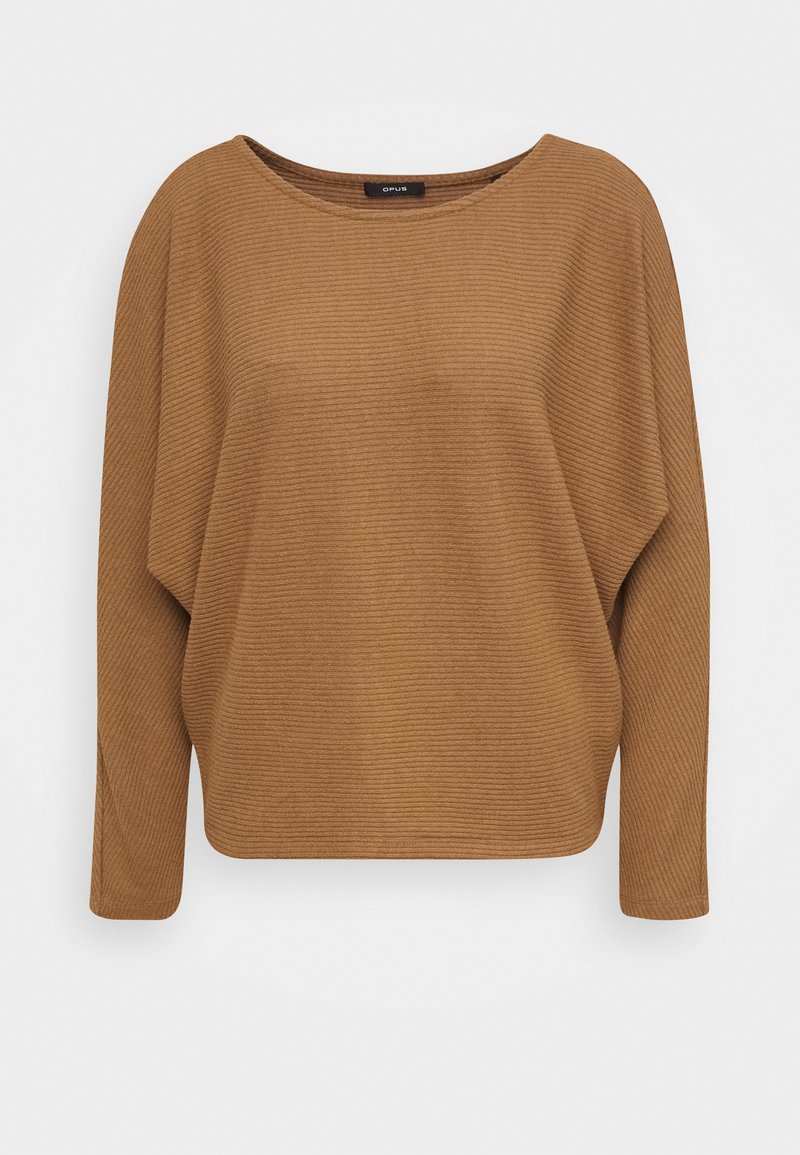 Brązowy, prążkowany top z długim rękawem, z okrągłym dekoltem i luźnym krojem. Tkanina wydaje się teksturowana, co nadaje mu przytulny, miękki wygląd.