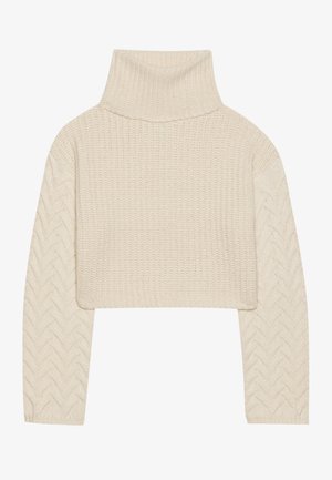 Kremfarget cropped genser med høy hals, teksturert strikket kropp og fiskebensmønstrede ermer. Laget av mykt garnmateriale.
