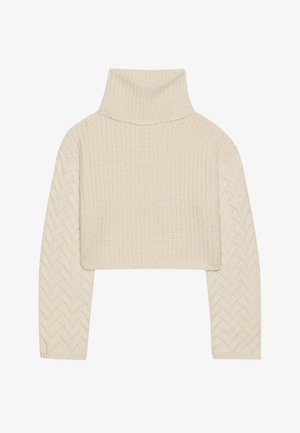 Krémově zbarvený zkrácený svetr s vysokým límcem, texturovaným pleteným tělem a rukávy s rybí kostrou. Vyrobeno z měkké příze.