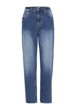 Verblasste blaue Denim-Jeans mit hoher Taille, geradem Bein und fünf Taschen. Abgenutzte Textur in der Nähe des Taillenbunds und der Taschen.