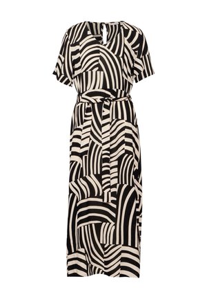 Sort og beige mønstret kjole med korte ærmer, en V-halsudskæring og et bindebælte i livet. Har buede linjer og geometriske former.