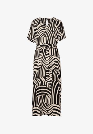 Abito a maniche corte di colore nero e beige con motivo, scollatura a V e cintura annodata in vita. Presenta linee curve e forme geometriche.