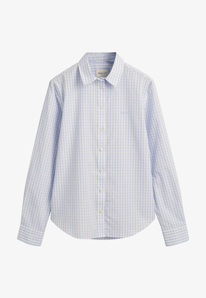 Chemise à manches longues boutonnée avec motif à carreaux vichy bleu clair et blanc, col pointu et boutons à l'avant.
