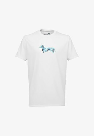 Maglietta bianca a maniche corte con un design geometrico di un bassotto blu e nero al centro del petto.