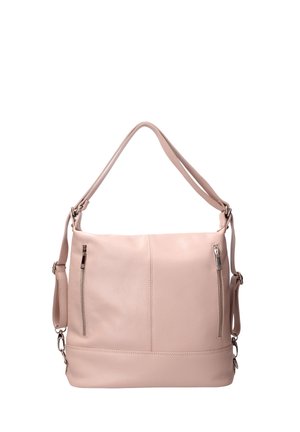 Borsa a spalla in pelle rosa chiaro con due tasche esterne con zip, una texture liscia e una tracolla regolabile. Presenta un design strutturato.