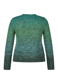 Langärmliger Strickpullover in verlaufenden Grüntönen und Blau, von hinten gezeigt.