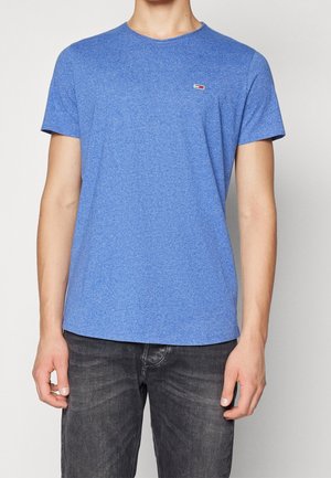Blue short-sleeve t-shirt made of soft, textured fabric; features a small logo on the chest; rounded neckline and regular fit.