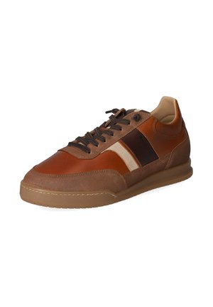 Zapatilla marrón de cuero y ante con cordones marrón oscuro y una franja beige en el lateral, suela de goma y cuello bajo en el tobillo.