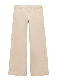 Beige leveled-lehter pants, valmistetut puuvillasta, joissa on niittikoristeet sivusaumojen varrella ja klassinen viiden taskun muotoilu.