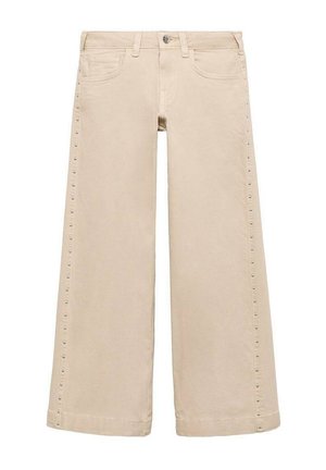 Beige weit geschnittene Baumwollhose mit Nietenverzierungen entlang der Seitennaht und klassischem Five-Pocket-Design.