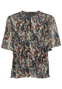 Blumenbluse aus transparenter Stoff, mit Rundhalsausschnitt, kurzen Flatterärmeln und einer Mischung aus rosa, grün und blauen Mustern.