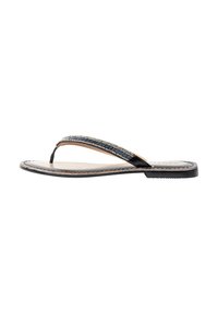 Sort flip-flop sandal med en tynd rem udsmykket med små perler, flad sål og minimalistisk design. Blød sål med kontrasterende syninger.