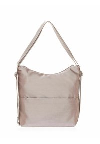 Bolsa de hombro de tela texturizada en color beige con un gran compartimento principal, correa ajustable y un bolsillo frontal para almacenamiento.