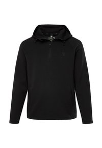 Felpa nera con cappuccio, dotata di zip frontale, cappuccio regolabile con cordino, tasche laterali e un logo discreto sul petto. Realizzata in tessuto morbido.
