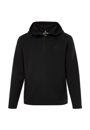 Schwarzer Hoodie mit durchgehendem Reißverschluss, verstellbarem Kordelzug an der Kapuze, seitlichen Taschen und einem dezenten Logo auf der Brust. Hergestellt aus weichem Stoff.
