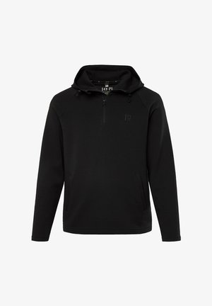 Felpa nera con cappuccio, dotata di zip frontale, cappuccio regolabile con cordino, tasche laterali e un logo discreto sul petto. Realizzata in tessuto morbido.