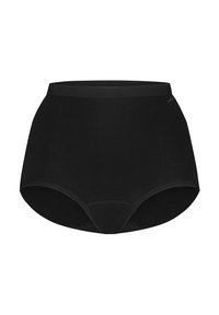 Hoge taille zwarte onderbroeken van zacht, rekbaar stof met een gladde tailleband en naadloos ontwerp voor comfort. Geen zichtbare patronen of accenten.