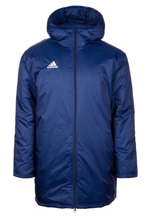Marineblauw gewatteerd Adidas-jas met capuchon, rits aan de voorkant, lange mouwen en wit Adidas-logo op de borst.