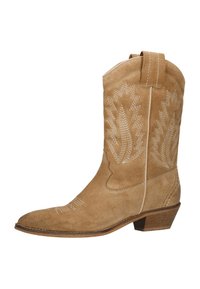 Bota de cowboy de ante marrón con costuras decorativas, punta afilada y un tacón bajo y apilado. Cuenta con tiradores laterales para facilitar su puesta.