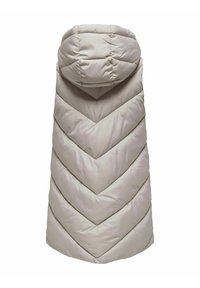 Doudoune sans manches beige avec capuche et coutures matelassées en chevrons, vue de dos sur fond blanc.