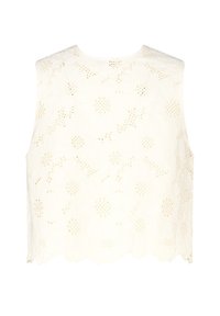 Top sans manches blanc avec un motif en dentelle florale, ourlet festonné et découpes détaillées avec un aspect texturé.