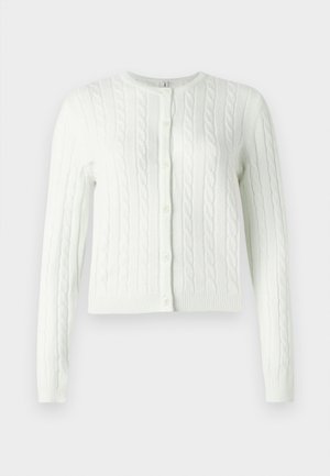 Gaiszaļš adīts kardigāns ar apaļu izgriezumu, garām piedurknēm un sešiem pogu aizdariem priekšpusē. Mīksta tekstūra, īsā garumā.