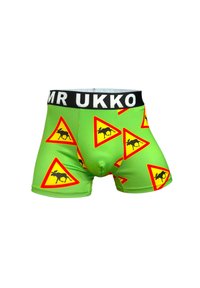 Boxers verdes con un patrón de señales de advertencia de alce repetido en rojo y amarillo. Cinturilla negra con "MR UKKO" en letras blancas. Textura suave.