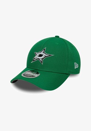 Grüne Baseballkappe mit gebogenem Schirm, vorne mit dem Dallas Stars-Logo in Silber und Schwarz bestickt und mit New Era-Logo an der Seite.