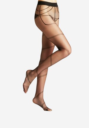 Jambes portant des collants noirs transparents avec une fine ceinture noire et de délicates lignes géométriques noires entourant les jambes et les pieds.