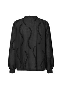Blusa nera a maniche lunghe con una texture a ruches, caratterizzata da motivi ondulati e un collo arricciato. Realizzata in tessuto leggero con una vestibilità morbida.