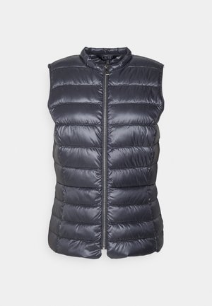 Gilet matelassé bleu marine avec un col montant et une fermeture éclair à l'avant, présentant des coutures horizontales et une texture lisse et brillante.