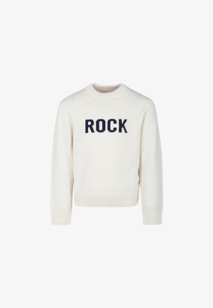 Kreminė megztinė ilgomis rankovėmis, apvaliu kaklu, su gipiūro rankogaliais ir apdaila. Priekyje, blokuotu šriftu, yra tamsiai mėlynas užrašas "ROCK".