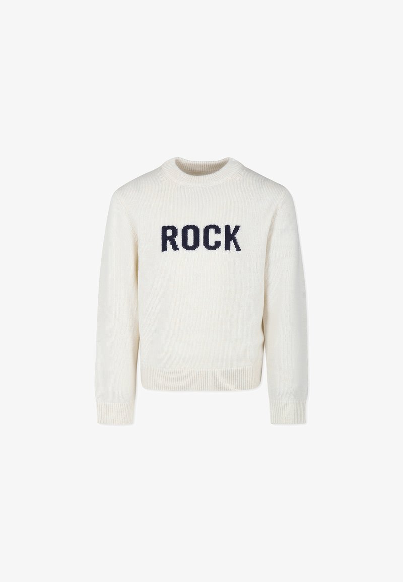 Krémový sveter s dlhými rukávmi, okrúhlym výstrihom a rebrovanými manžetami a lemom. Na prednej strane sa nachádza námornícky modrý nápis "ROCK" v blokovom písmene.