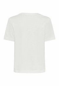 Witte katoenen t-shirt, ronde hals, korte mouwen, gladde textuur, eenvoudig ontwerp, geen patroontjes of accenten zichtbaar op de achterkant.