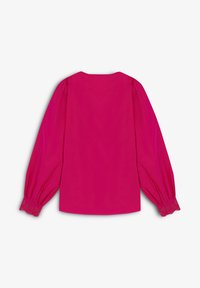 Blusa fucsia con maniche lunghe a palloncino e polsini ricamati dettagliati. Tessuto morbido, scollatura rotonda classica e design a tinta unita.