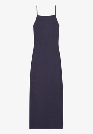 Vestido sin mangas en color marino con tirantes spaghetti delgados, hecho de tela acanalada, que presenta una silueta ajustada y longitud midi.