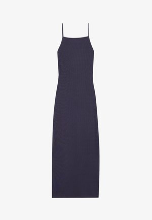 Marineblå ermeløs kjole med smale spaghettistropper, laget av ribbet stoff, med en figursydd silhuett og midi-lengde.
