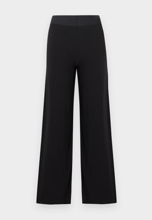 Black wide-leg pants with a smooth texture, elastic waistband, and full-length design, featuring a minimalist design and no embellishments.