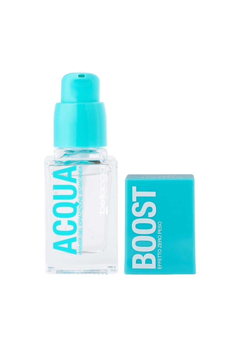 Bottiglia di vetro trasparente con pompetta color teal etichettata "ACQUA," accanto a una scatola di cartone teal contrassegnata "BOOST." Focus sul gel prima di idratazione.
