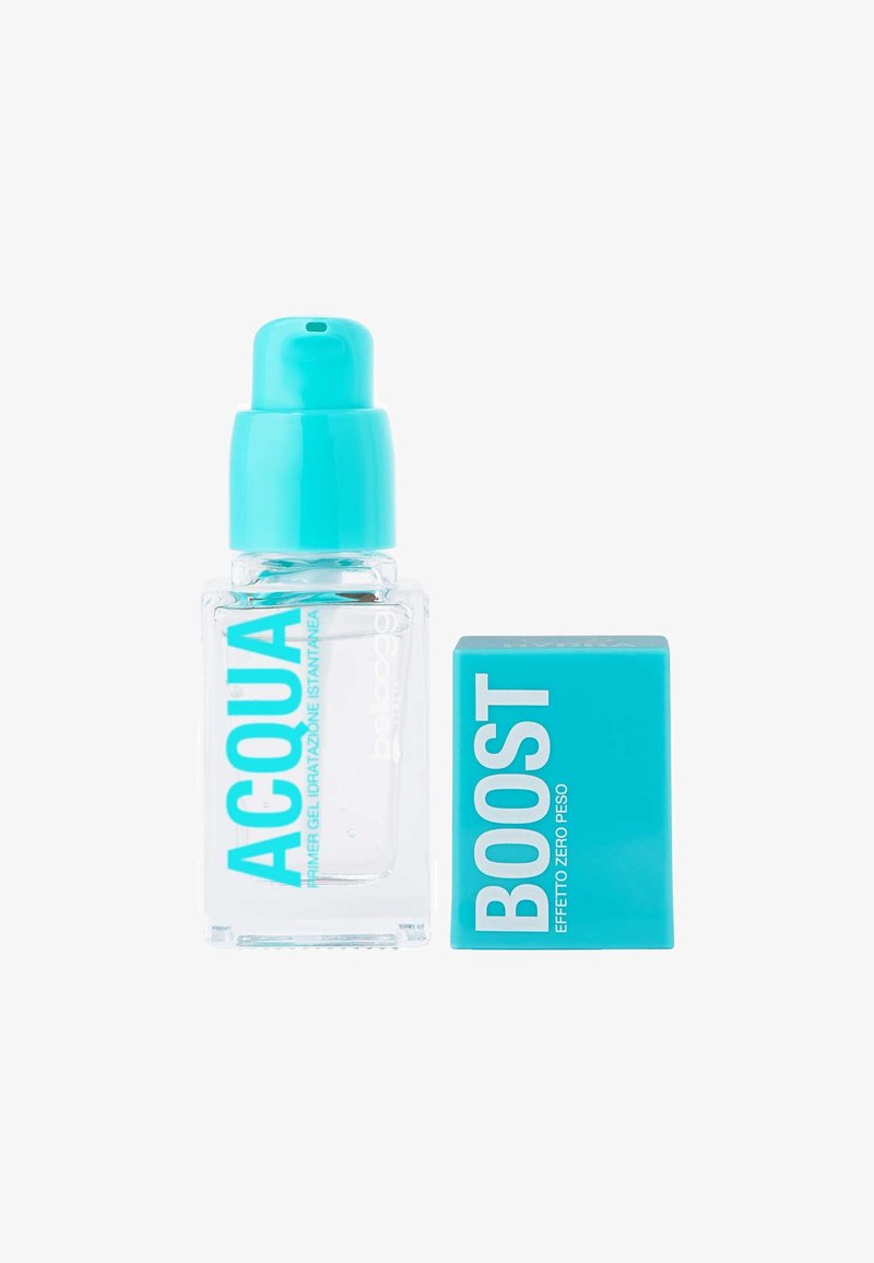 Bottiglia di vetro trasparente con pompetta color teal etichettata "ACQUA," accanto a una scatola di cartone teal contrassegnata "BOOST." Focus sul gel prima di idratazione.