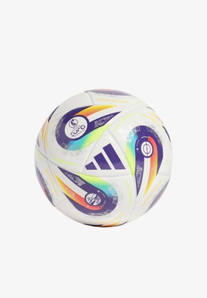White soccer ball with purple and multi-colored patterns. Features Adidas logo and UEFA Women's Euro 2022 branding. Smooth, synthetic surface.