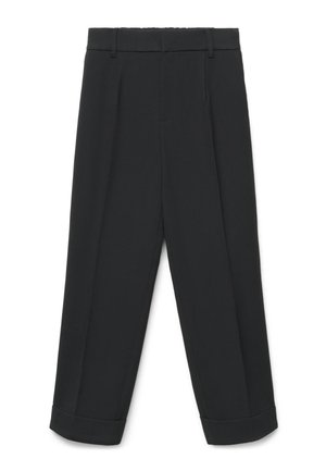 Pantalon noir taille haute avec passants de ceinture, pli sur le devant, jambes droites et revers pliés en bas.