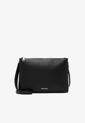 Pochette noire en cuir texturé avec fermeture éclair et sangle fine, affichant un petit texte de logo argenté au centre avant.