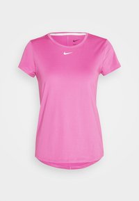 Rosa kortärmad träningsskjorta tillverkad av fuktavledande tyg. Har en vit Nike-logotyp på bröstet och en rundad nederkant.