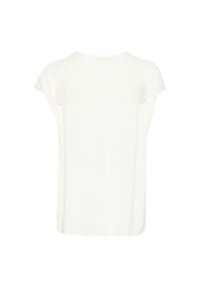 Top bianco con un pannello in pizzo sulle spalle e un corpo in cotone liscio, con una vestibilità comoda e maniche corte.
