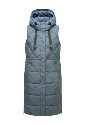 Gevoerde mouwloze vest in lichtblauw, met een ruitpatroon, een capuchon en grijze banden. Beschikt over zijzakken en een ritsluiting.