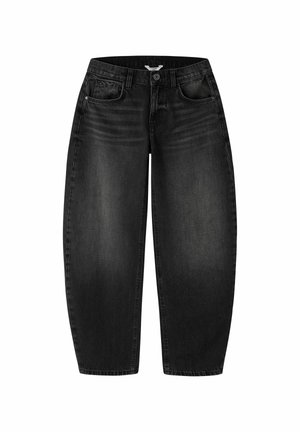 Jean noir taille haute à jambe droite avec poches avant, passants de ceinture et détails délavés sur les cuisses et les genoux.